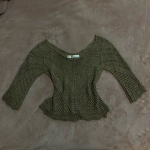 vintage forest green off the shoulder crochet lace blouse with bell sleeves.